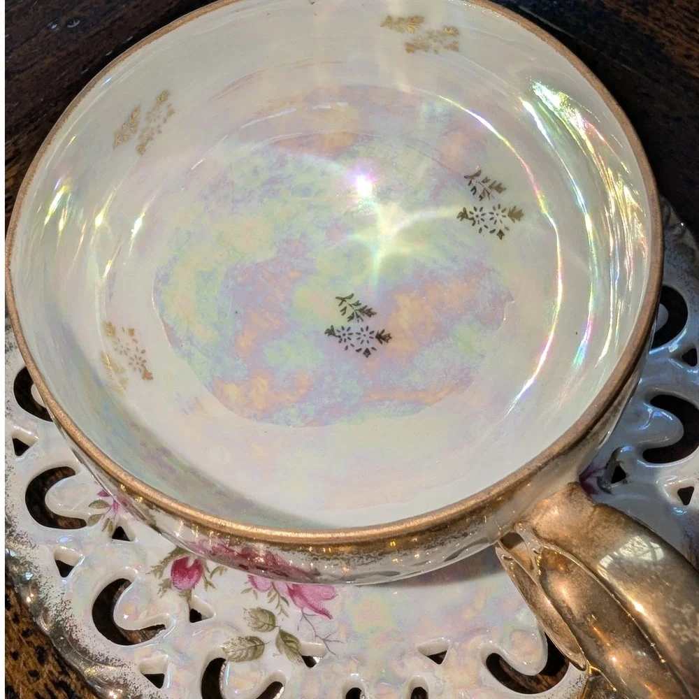 Vintage Royal Sealy China Pink Rose Lusterware Footed Teacup‎ and Saucer Japan
